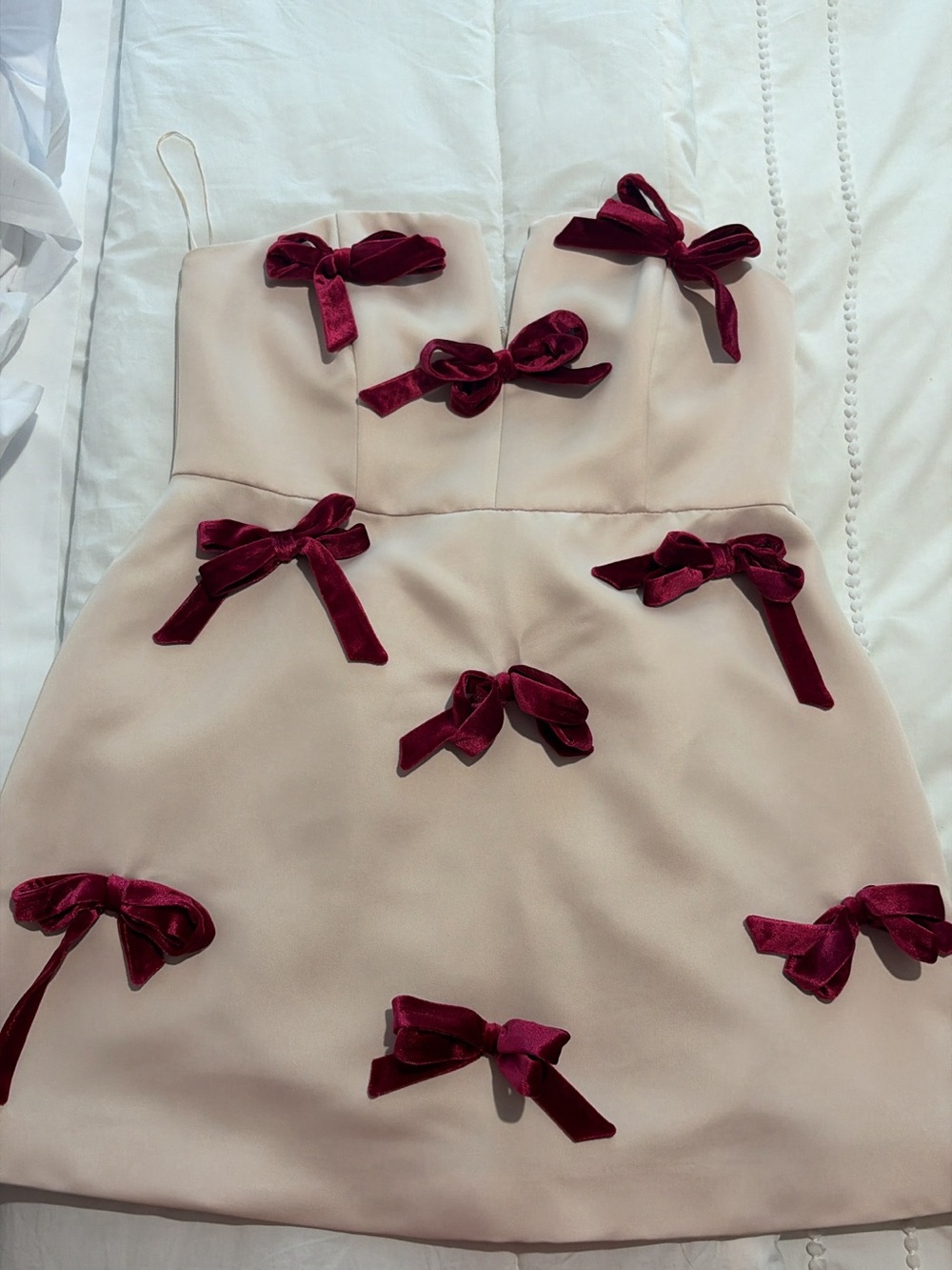Nude Strapless Dress with Burgundy Velvet Bows